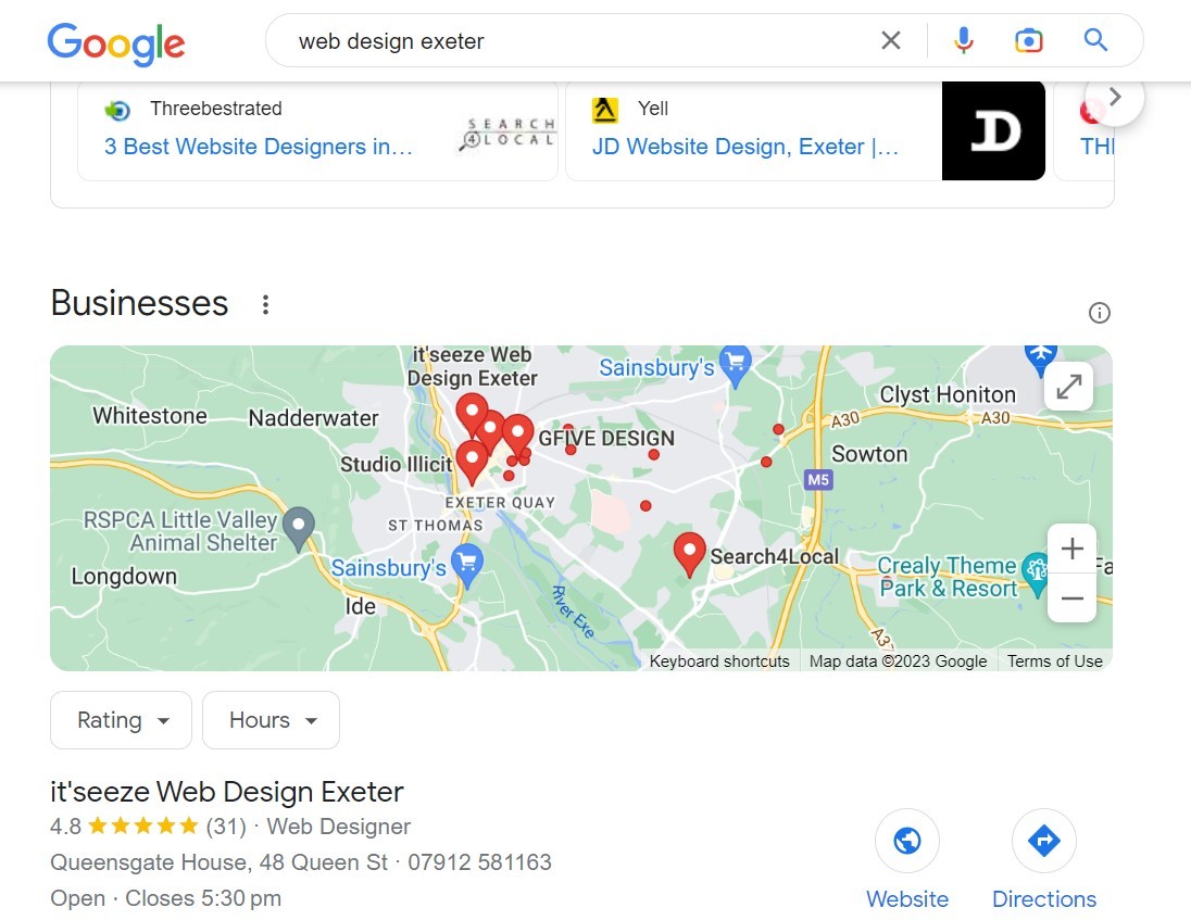 A google search results page showing it'seeze Exeter web design