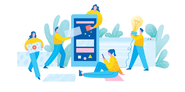 A colourful illustration showing multiple people using a responsive website