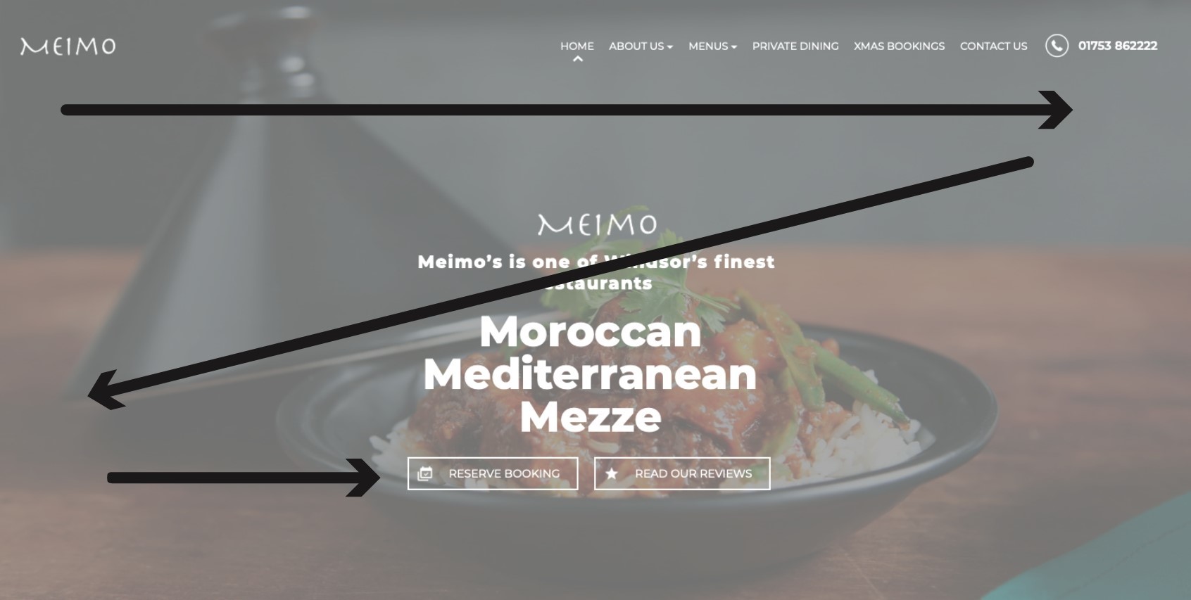 Meimo Morrocan Mediterranean Mezze website screenshot with arrows pointing out specific parts