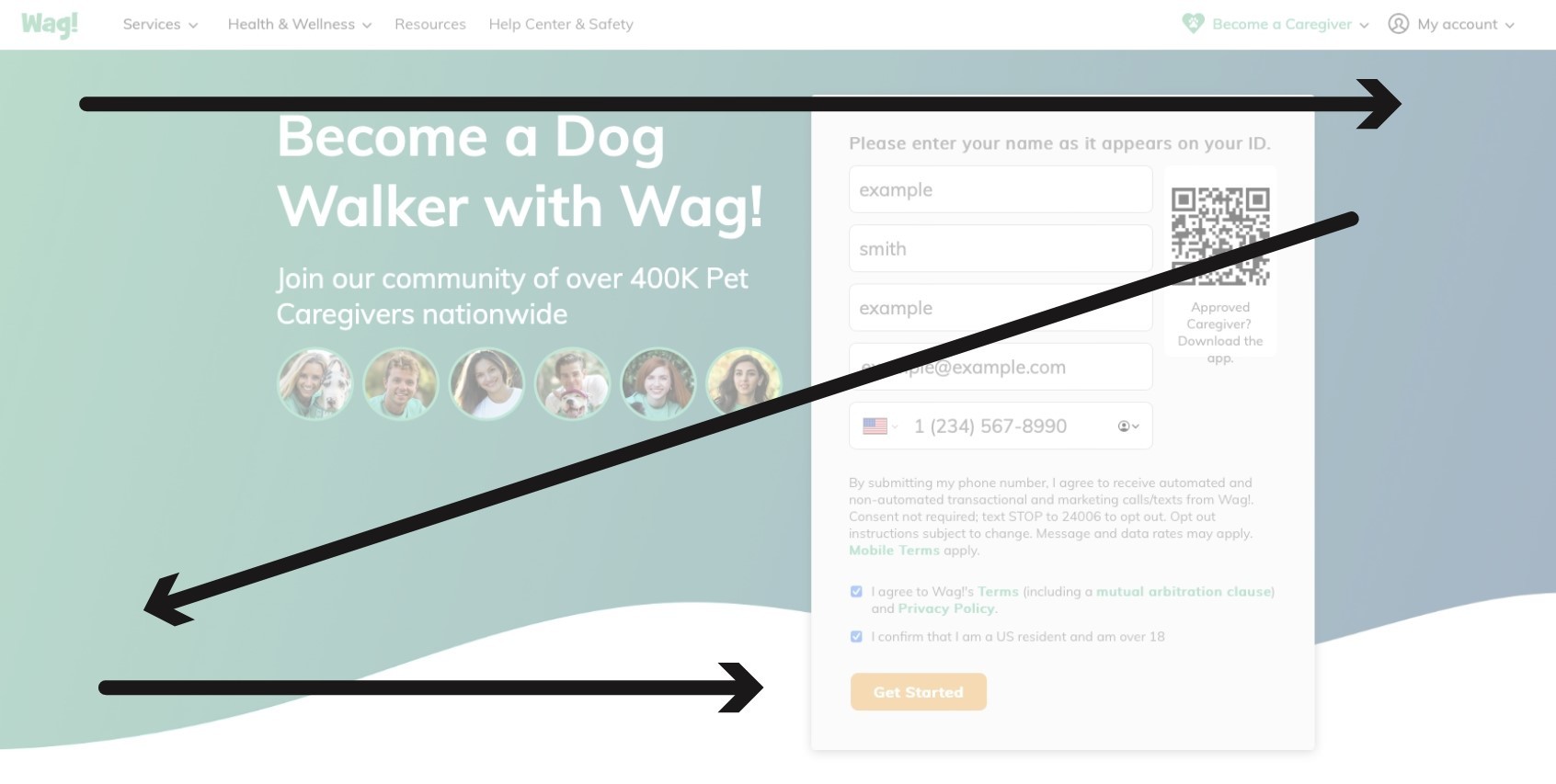 Wag website design for dog walkers with arrows pointing out specific parts