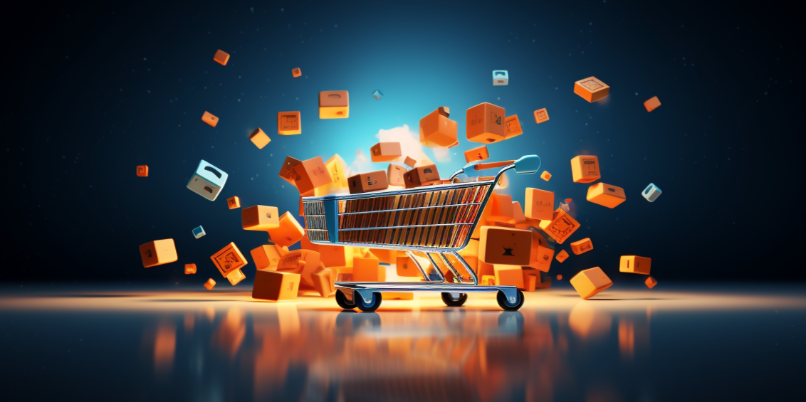 eCommerce shopping trolley exploding with bargains